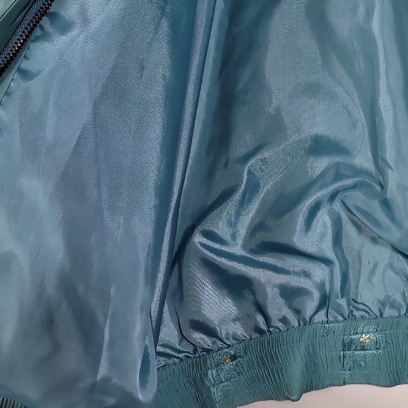 Vintage 80s 100% Silk Bomber Jacket XL Teal Gold Feather Embroidered Zip - Picture 10 of 16